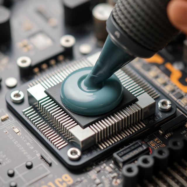 close up of thermal paste application on cpu