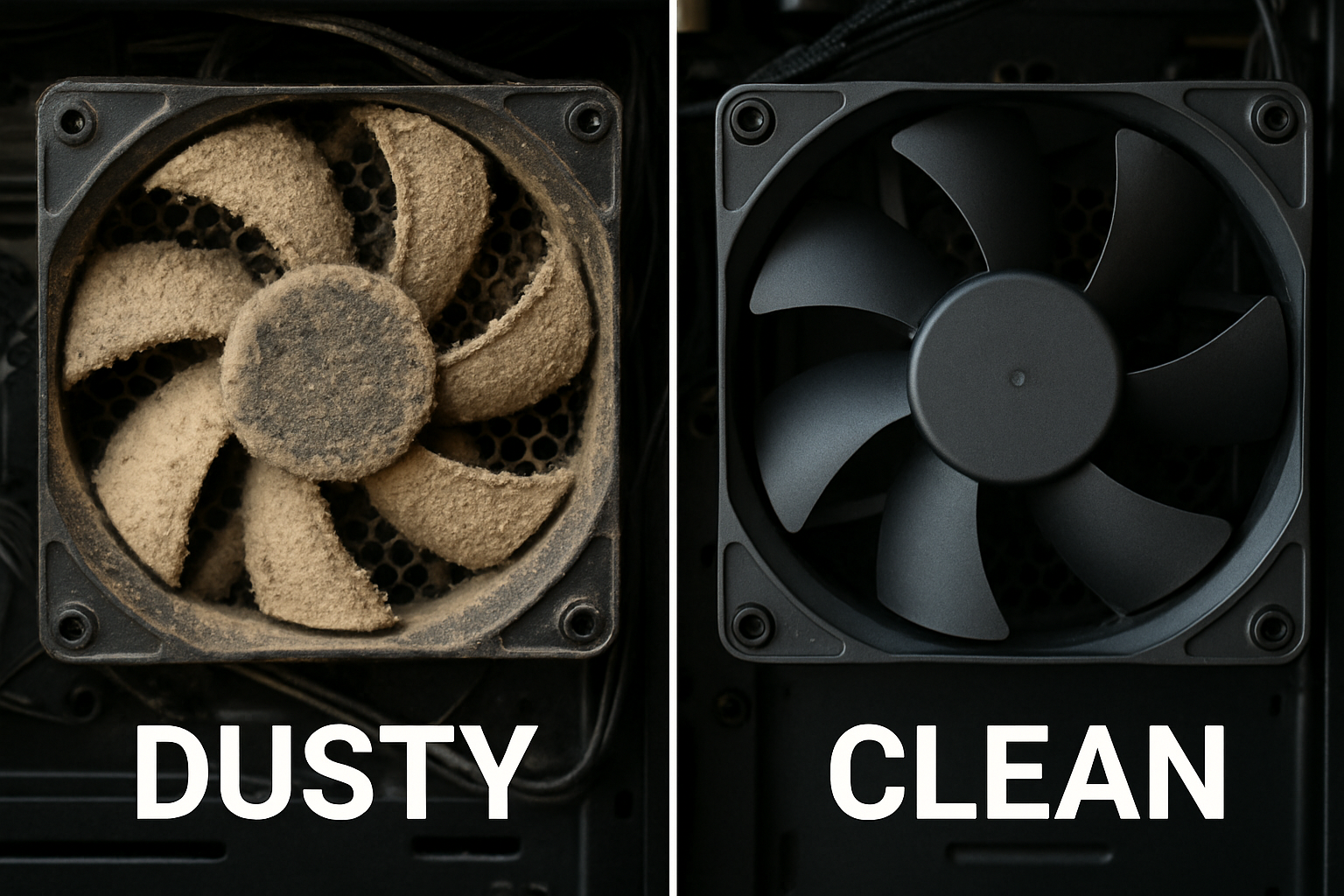 side by side photo of dusty vs clean pc fan